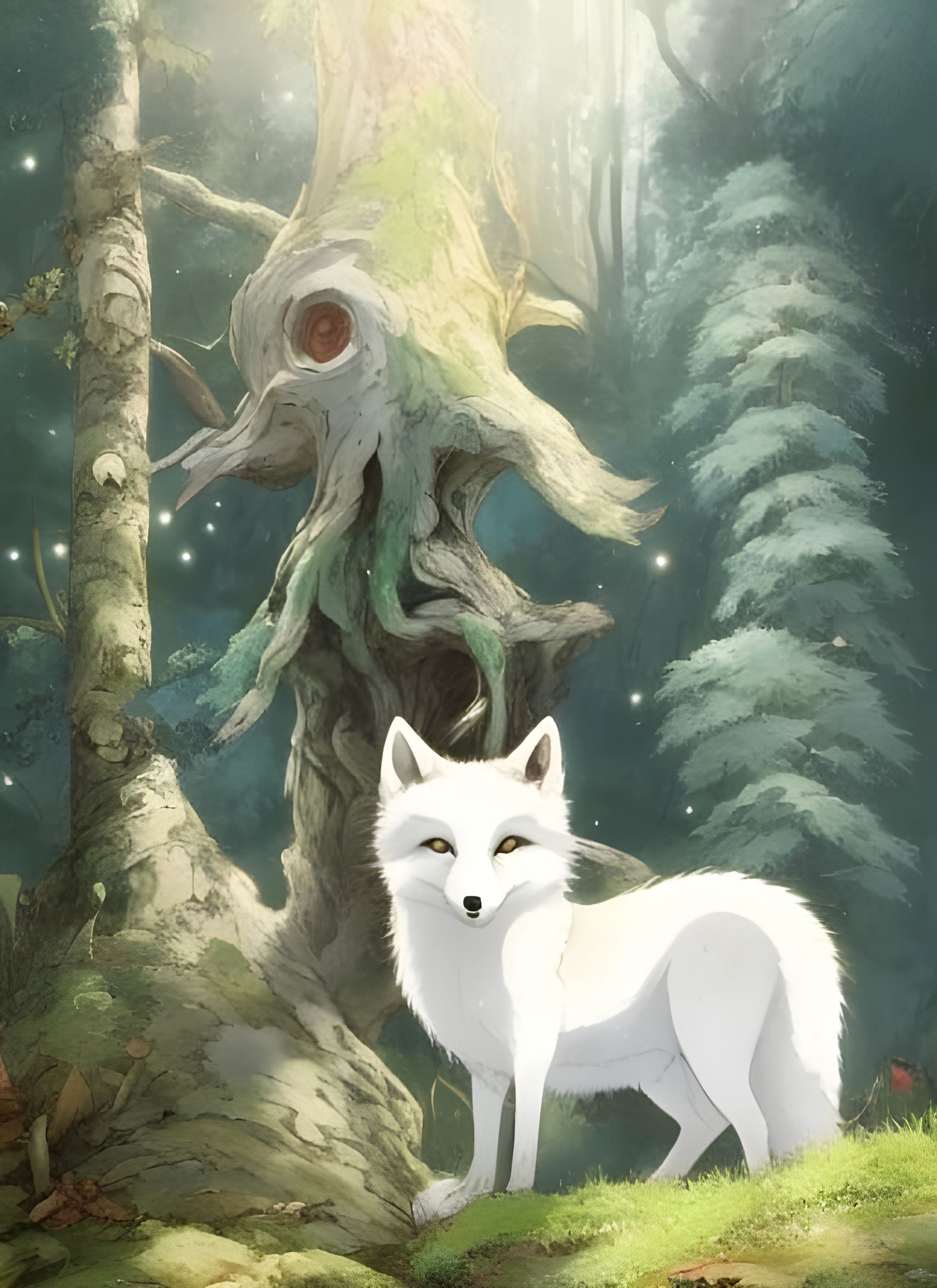 Cute White Fox in Forest - Anime Illustration