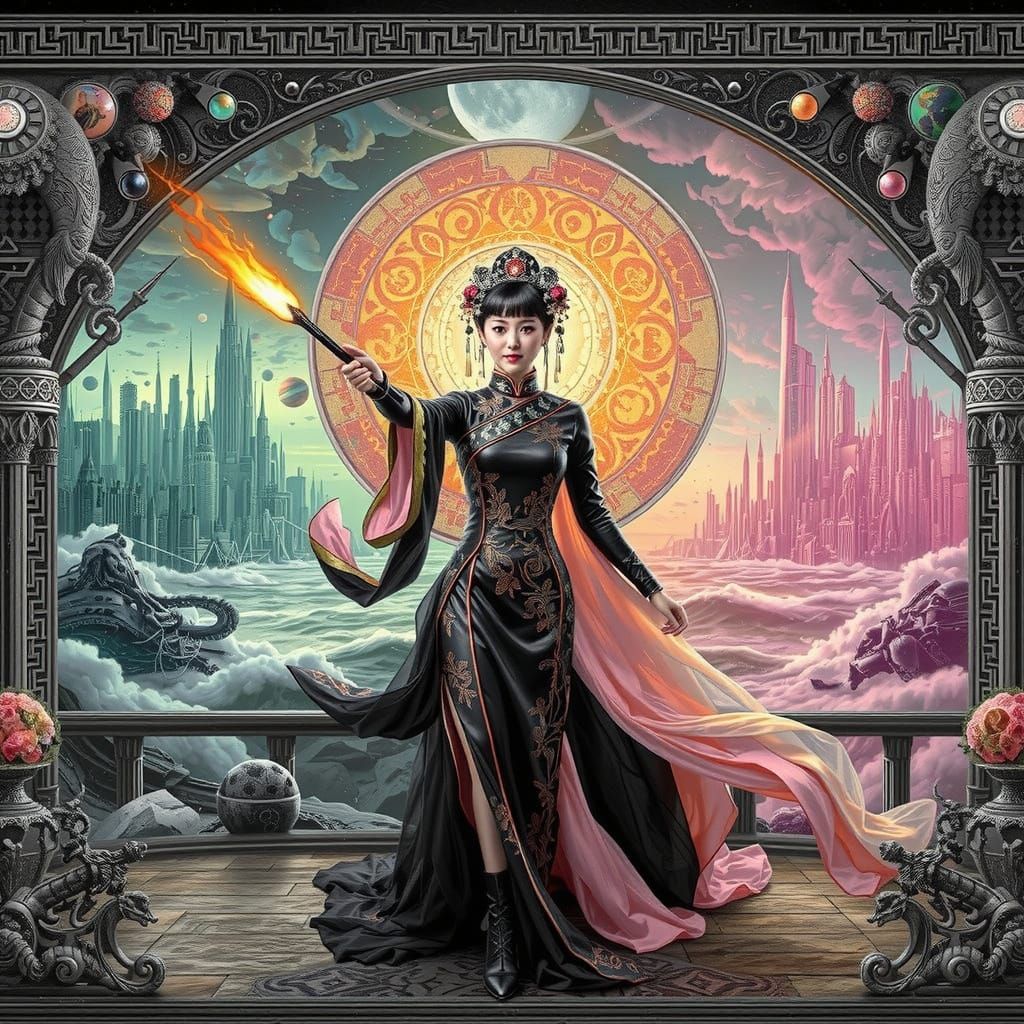 Ethereal Cyberpunk Princess in Qipao and Zweihander