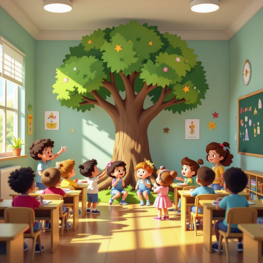 Joyful Children's Classroom with Vibrant Tree, Christian Val...