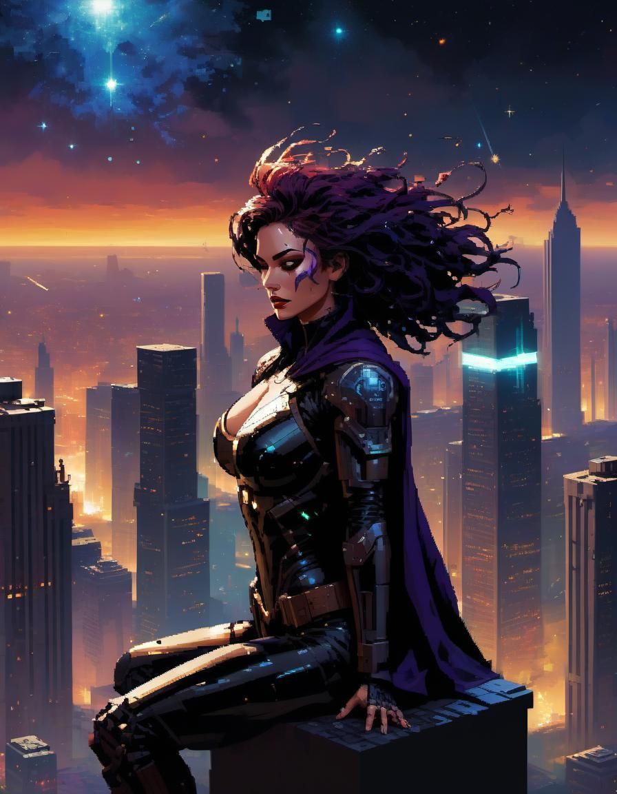 Dystopian Superheroine on City Roof: Pixel Art