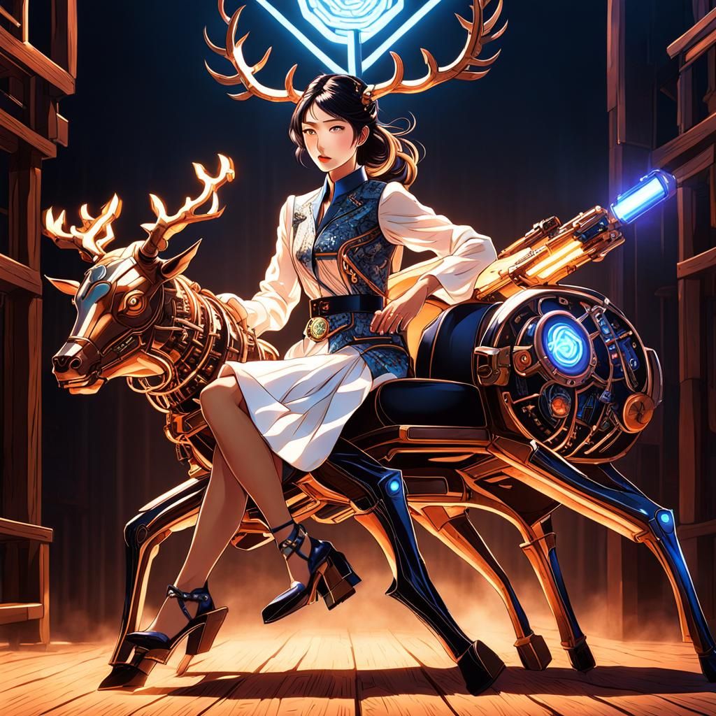 Cybernetic Woman Petting a Glowing Stag