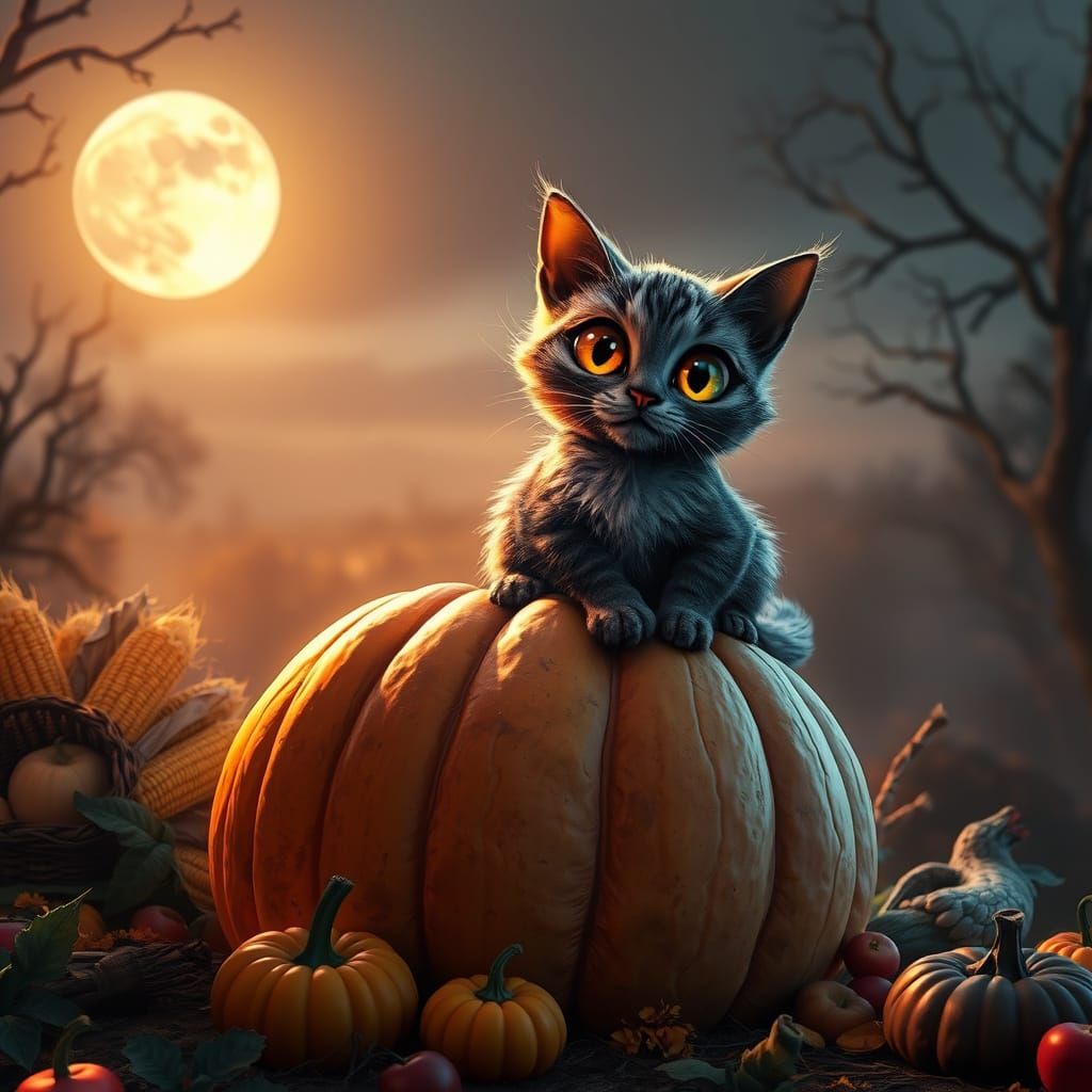 Silver Cat on Pumpkin in Ethereal Twilight Landscape
