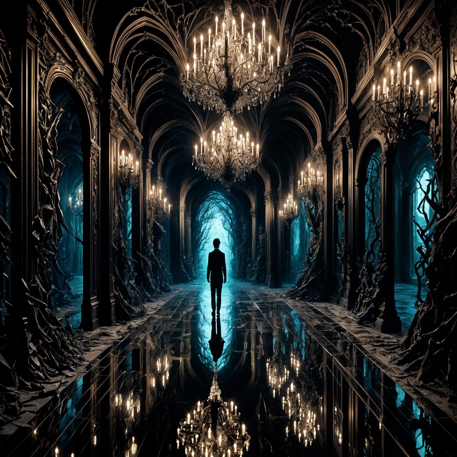 A hallway in a gothic mansion filled with mirrors, where eac...