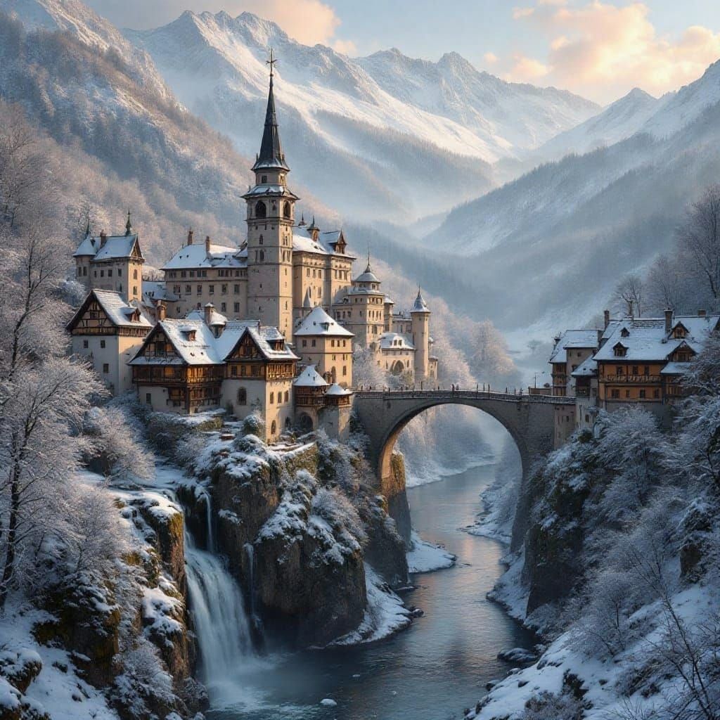 Majestic Winter Village in Snowy Mountains with Castle