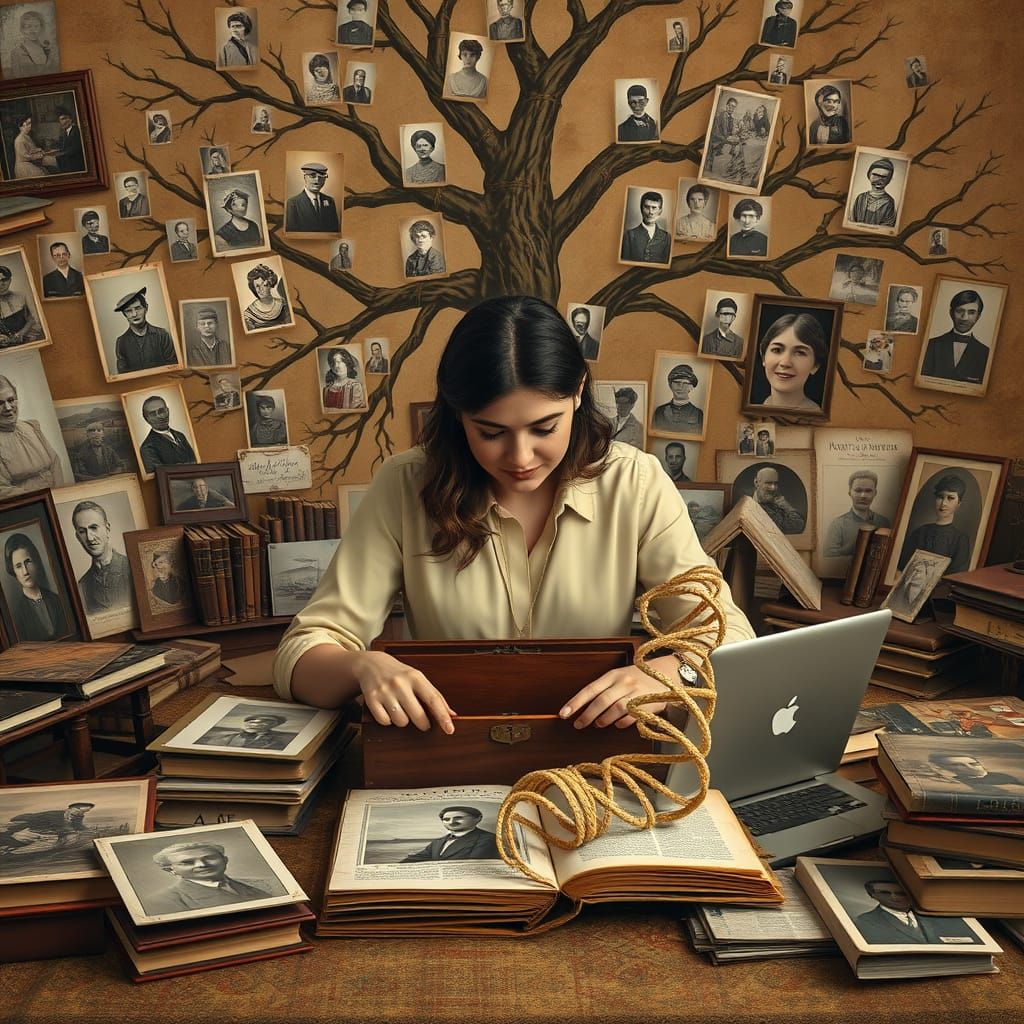 Genealogy Researcher Surrounded by Family Heirlooms in Impre...