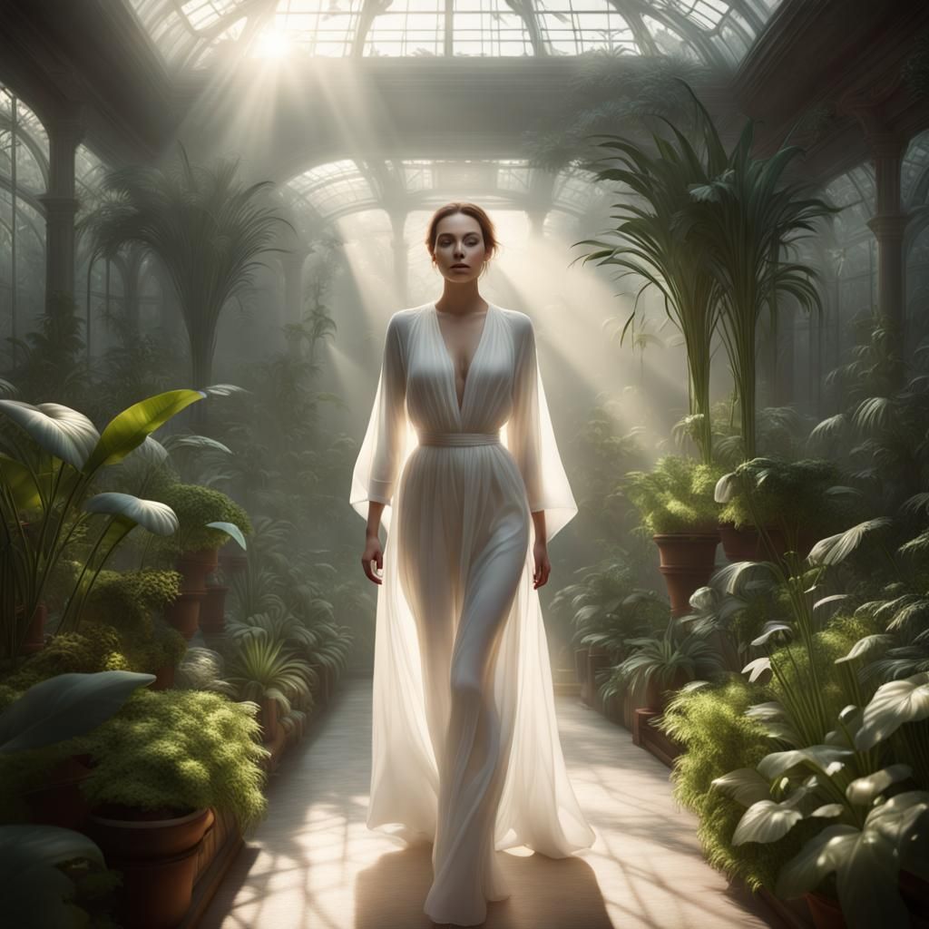 Ethereal Woman in Indoor Garden: Cinematic Digital Painting