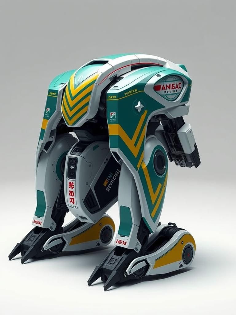 Cyberpunk Mech with Chevrons and Japanese Logos