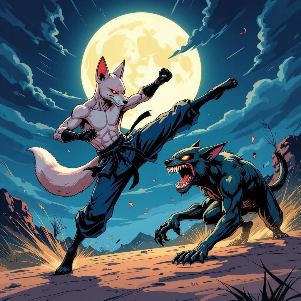 Hairless Fox Karate Kicks Skinwalker Under Moonlit Sky