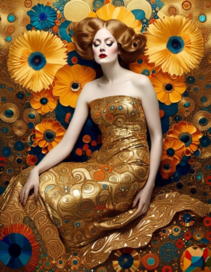 Golden Woman Portrait in Klimt-Inspired Symbolist Style