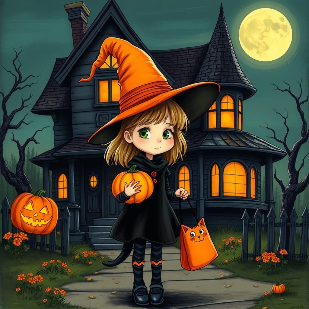 Halloween Witch with Jack-o-Lantern, Spooky Whimsy