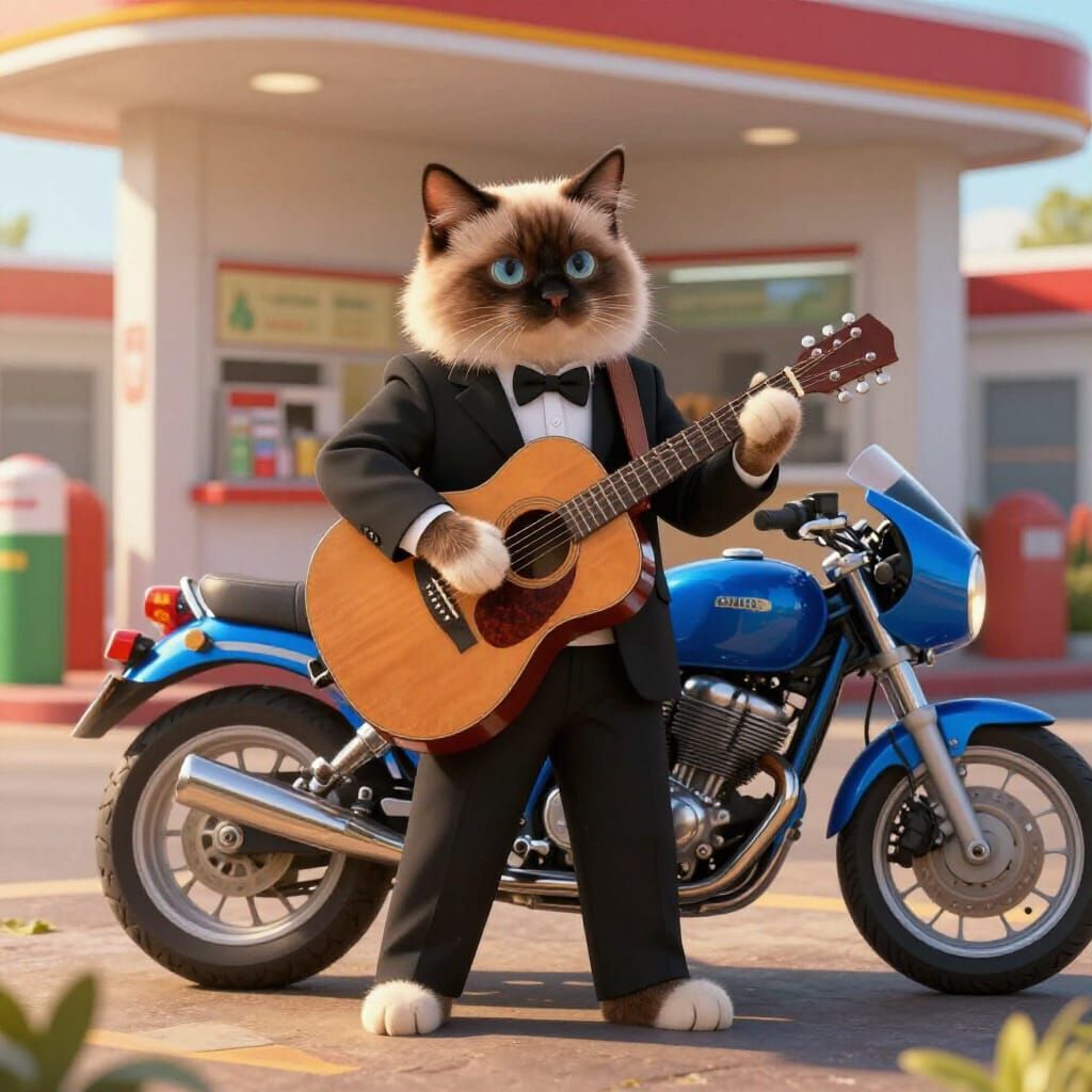 Cat, guitar, and motorcycle