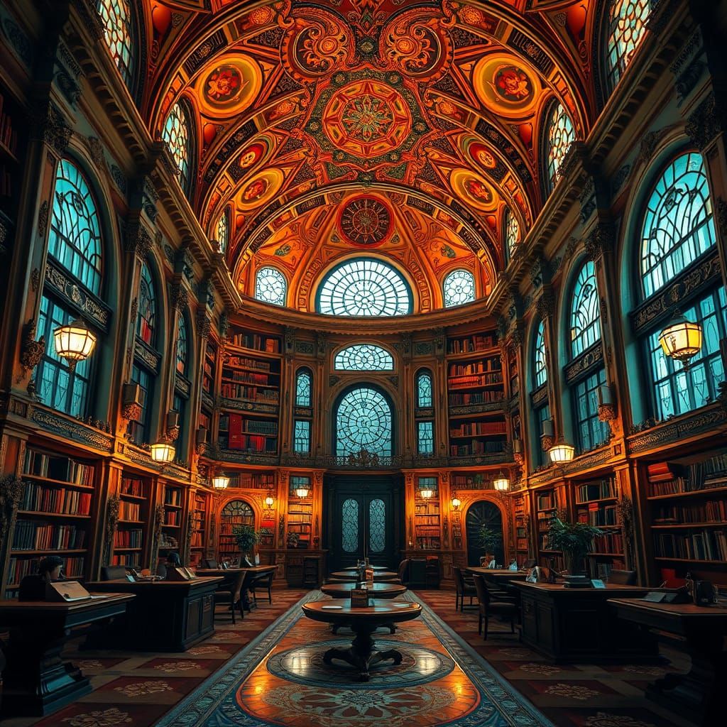 Warm Art Nouveau Library Interior in Vibrant 8K