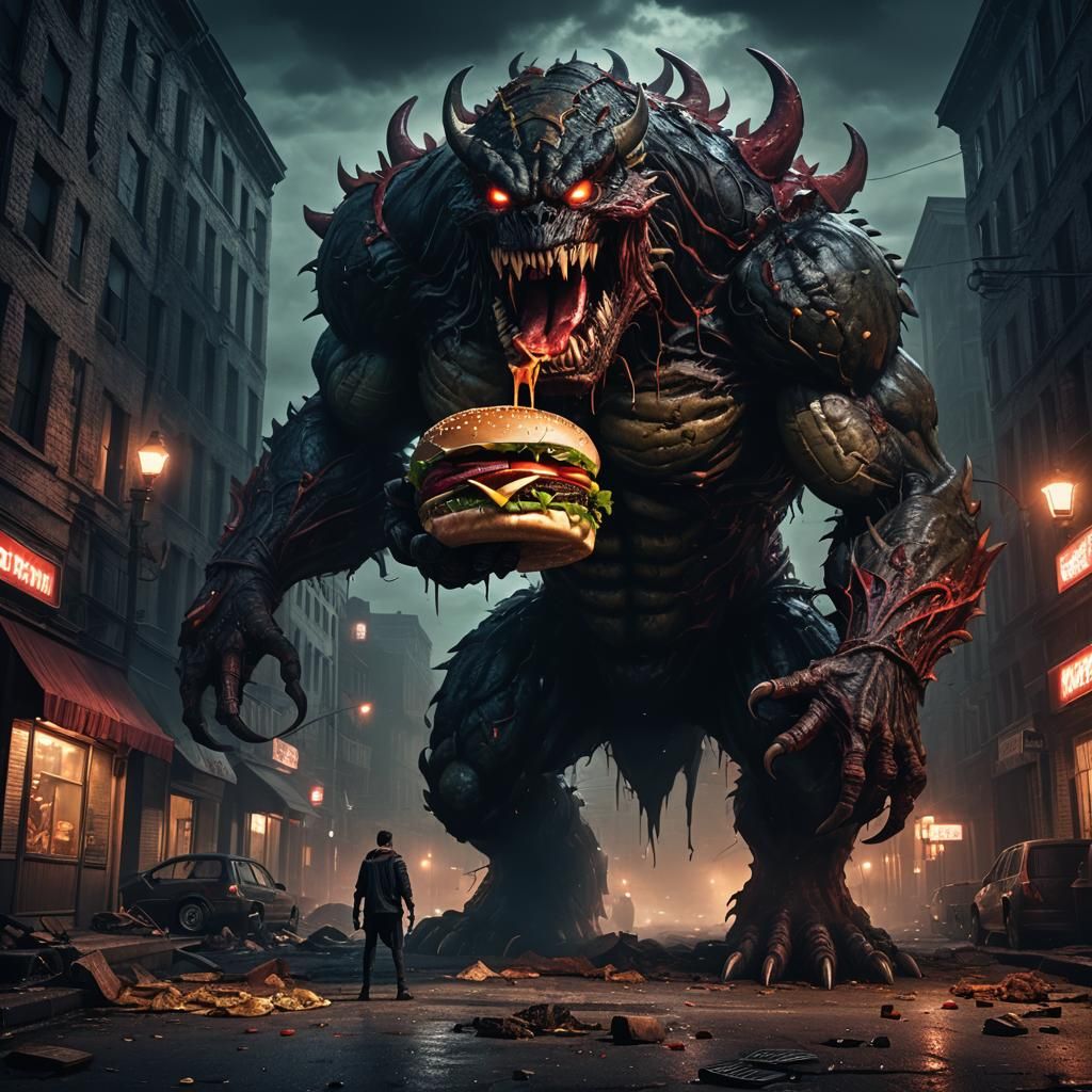 Monster Devours Hamburger in Abandoned City