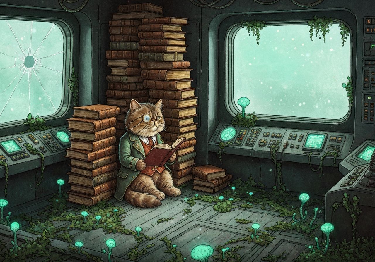 Bibliophile Cat in Sci-Fi Book Nook