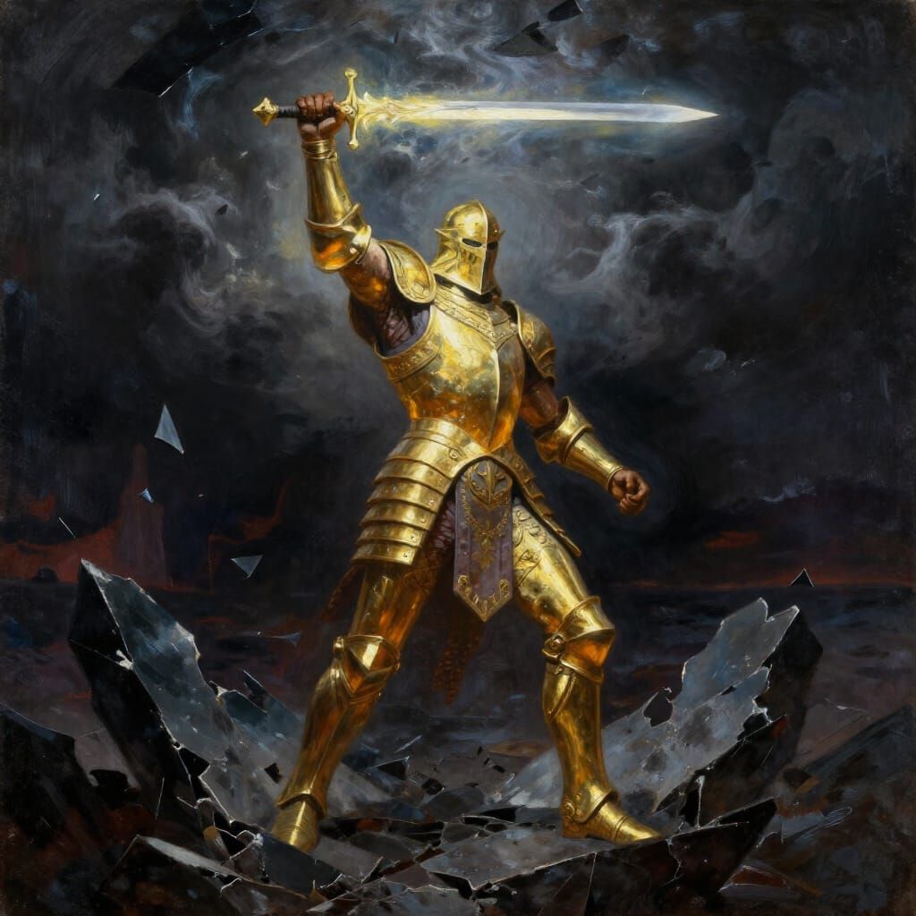 Surreal Warrior with Glowing Sword in Stormy Sky