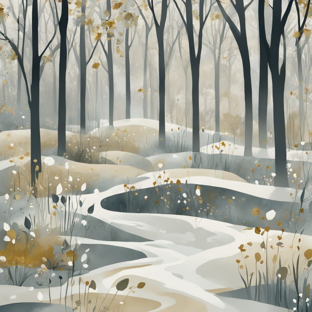 Whimsical Snowy Garden in Folk Art Style