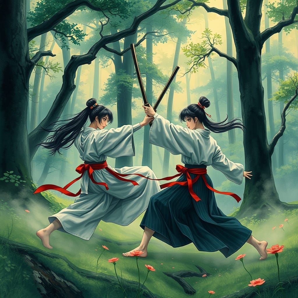 Japanese Warriors Clash in Mystical Forest