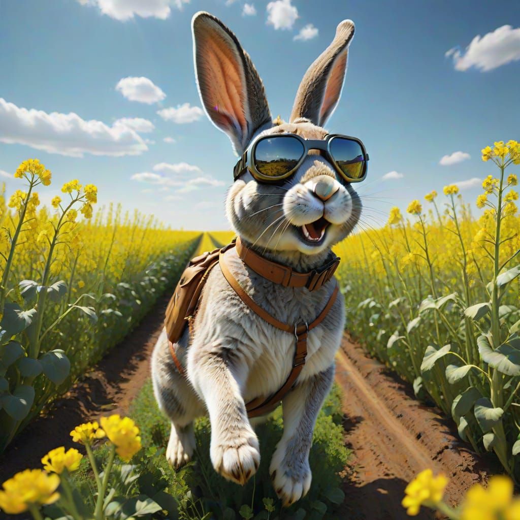 Rabbit Pilot Flies Carrot Over Field with Stampeding Donkeys