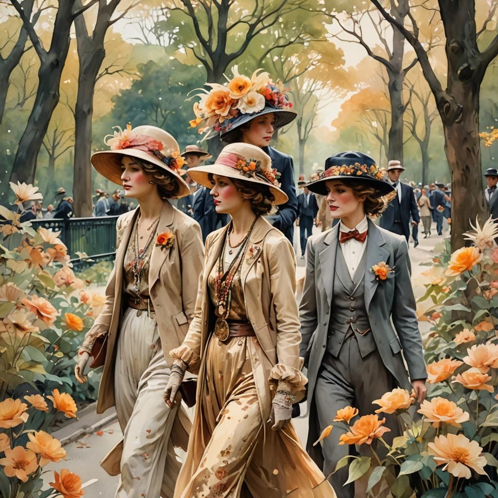 Flapper Women in Central Park: Watercolor Art Nouveau