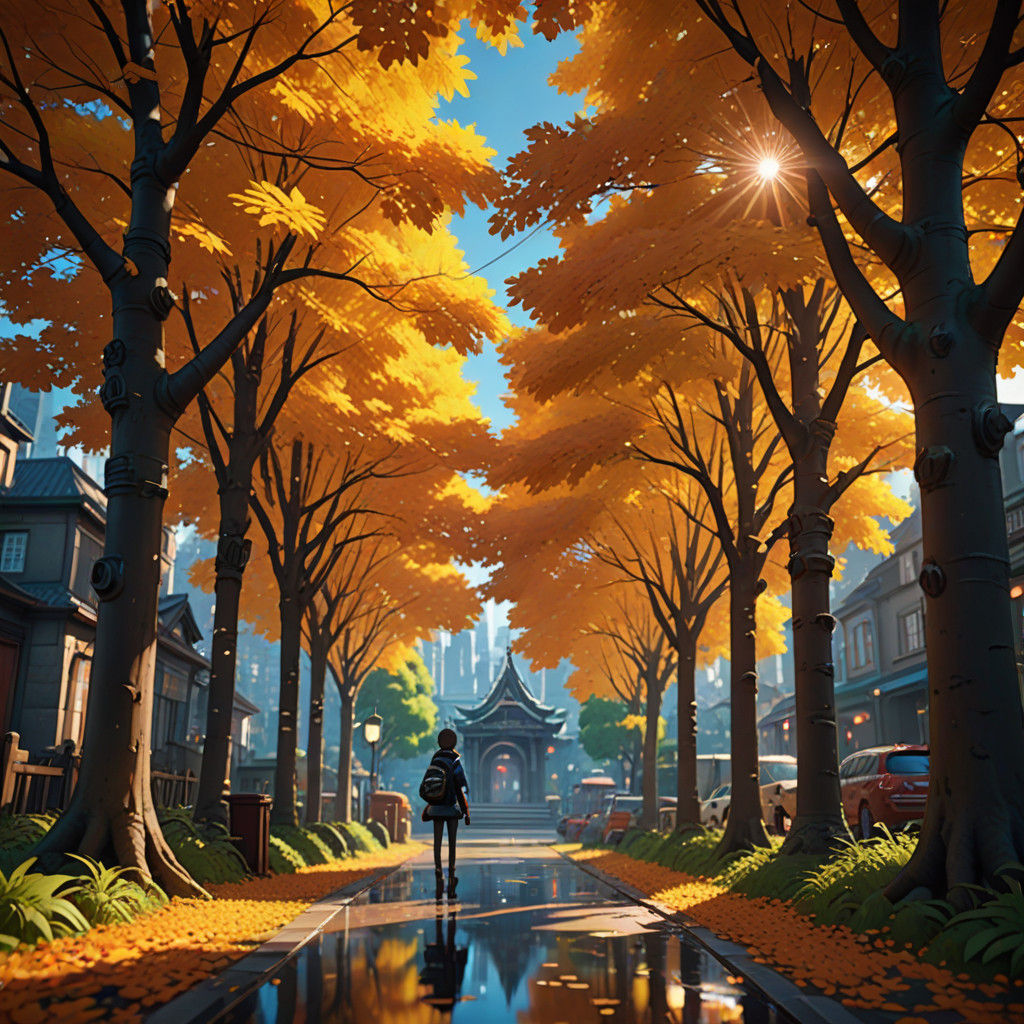 Autumn Leaves beneath Twisted Trees, in Anime Style