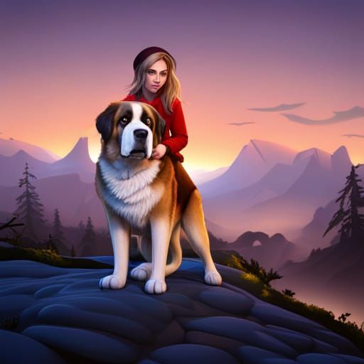 A German Girl and Her Loyal St. Bernard on a Majestic Mounta...