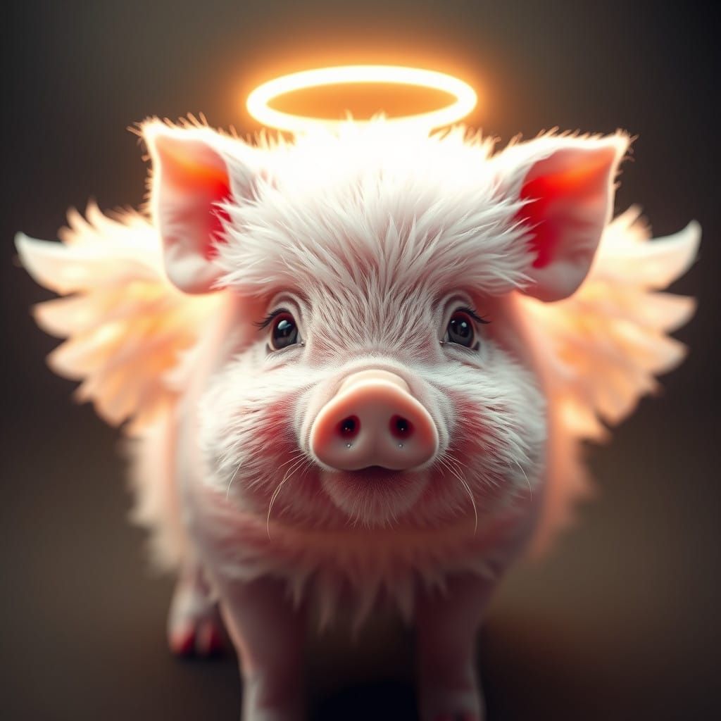 Hyper-Realistic Angel Pig with Vibrant Wings and Halo