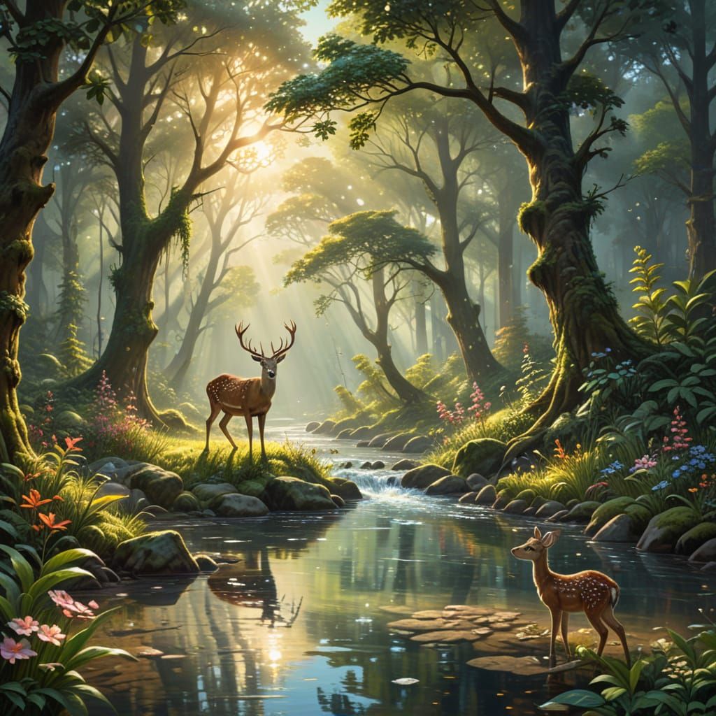 Deer Drinking from River in Forest as Oil Painting