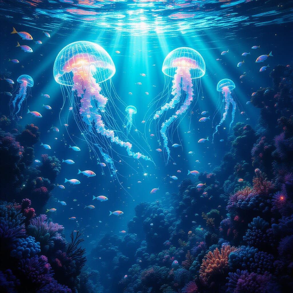 Surreal Underwater Circuit Board Coral Reef With Data Fish