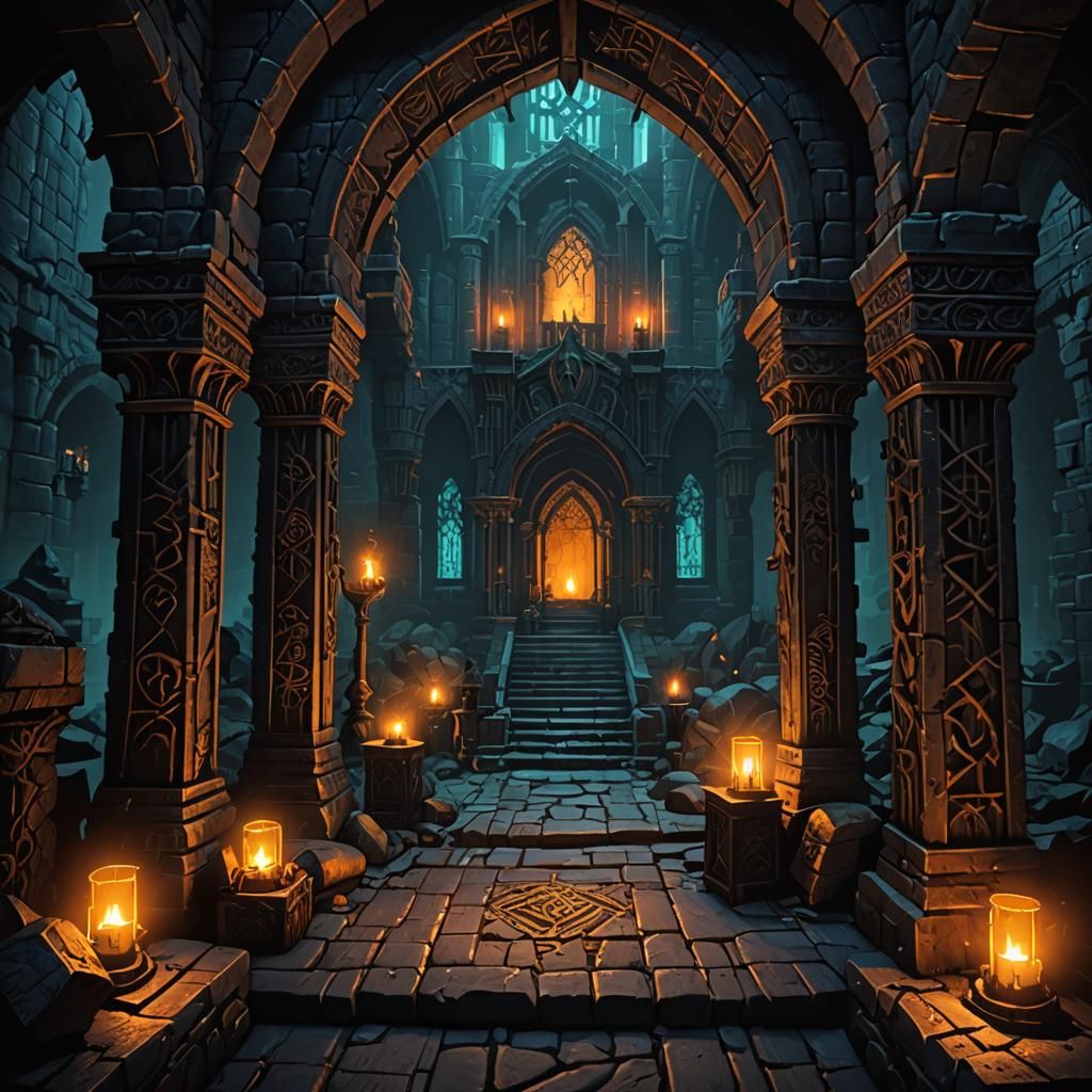 Mysterious Dungeon with Lurking Monsters and Gothic Architec...