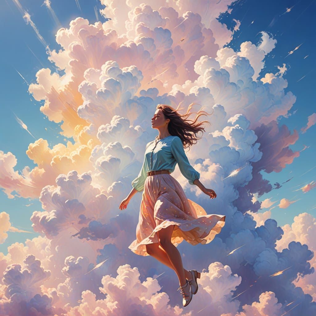 Girl Floating in Sky: Vibrant Digital Art