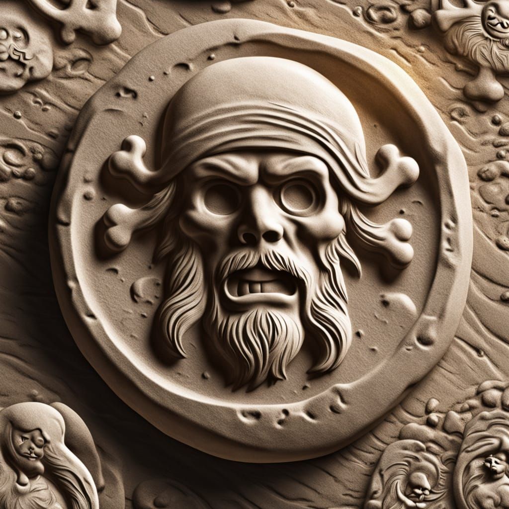 Engraved Pirate Emoticon Stone Carving in Chiaroscuro Style