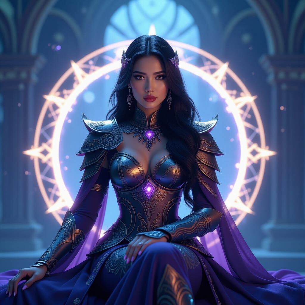 Malay Woman in Art Nouveau Armor with Celestial Symbols