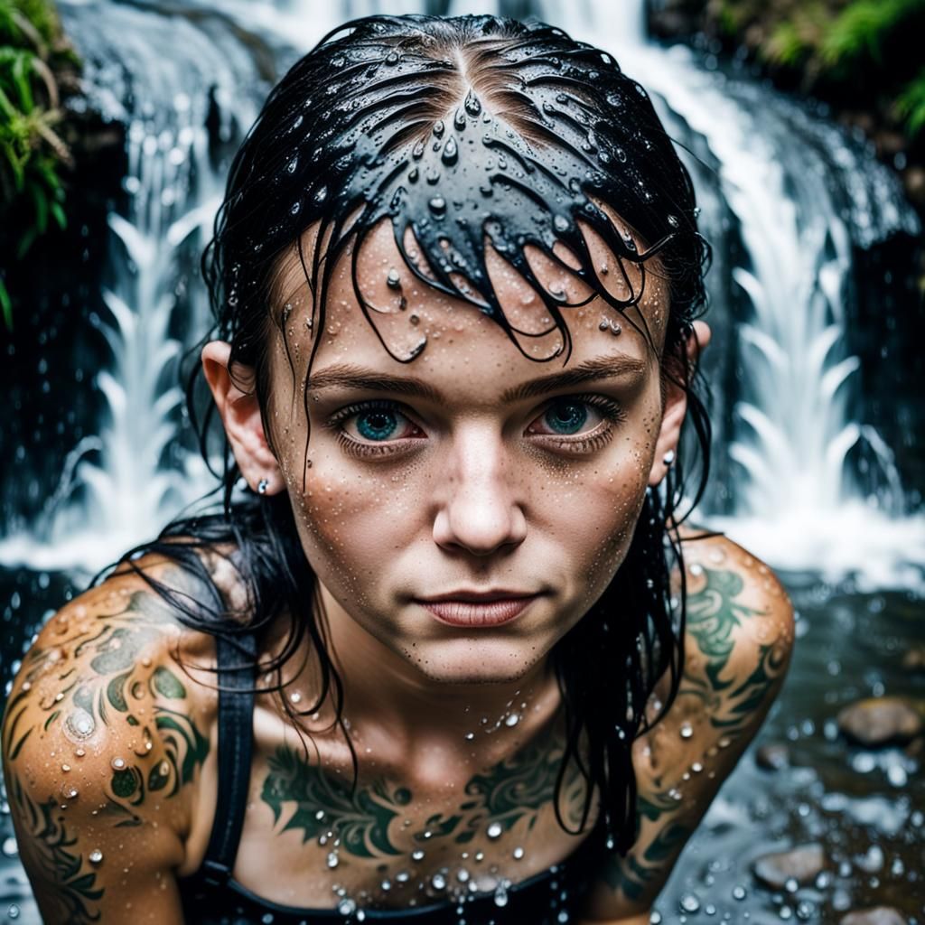 Macro Portrait of Woman in Waterfall