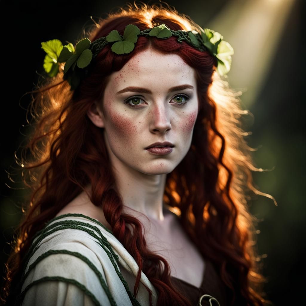 Celtic Druidess with Red Hair in Dramatic Light
