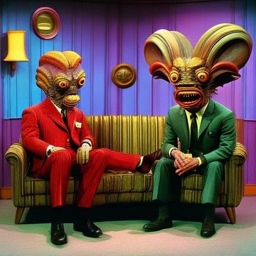 Surreal 70's Sitcom Scene with Strange Creature