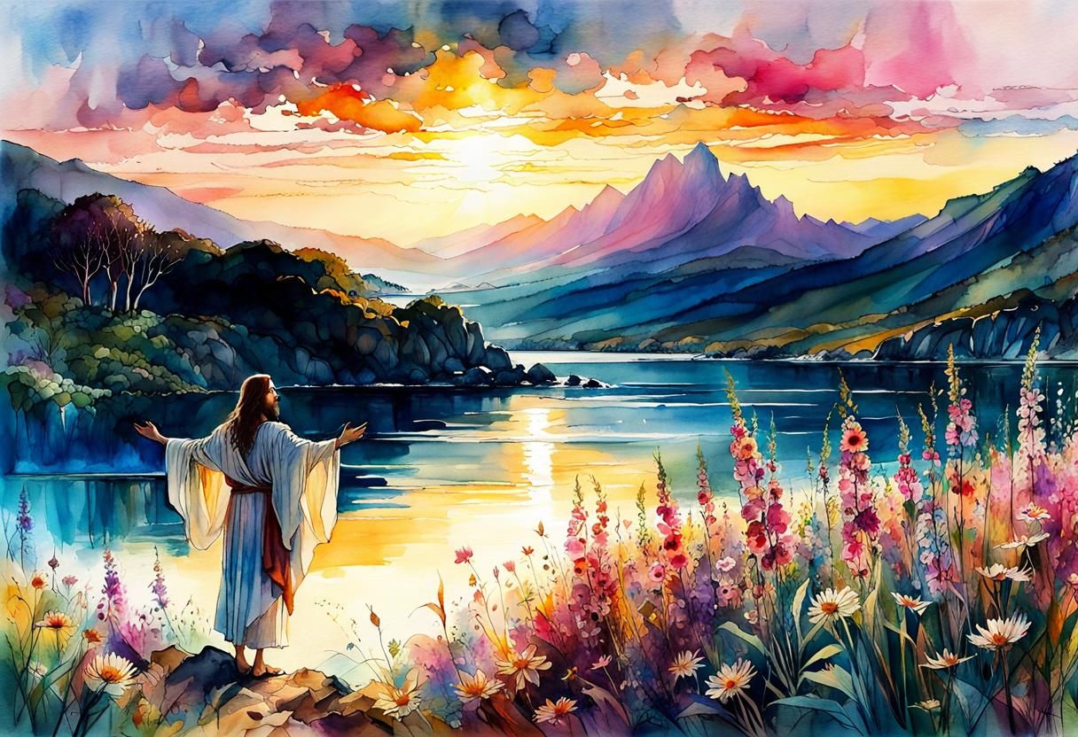 Jesus Christ Blesses Children: Digital Watercolor Illustrati...