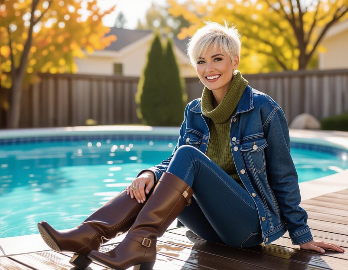 Woman in Wet Autumn Clothes by Pool
