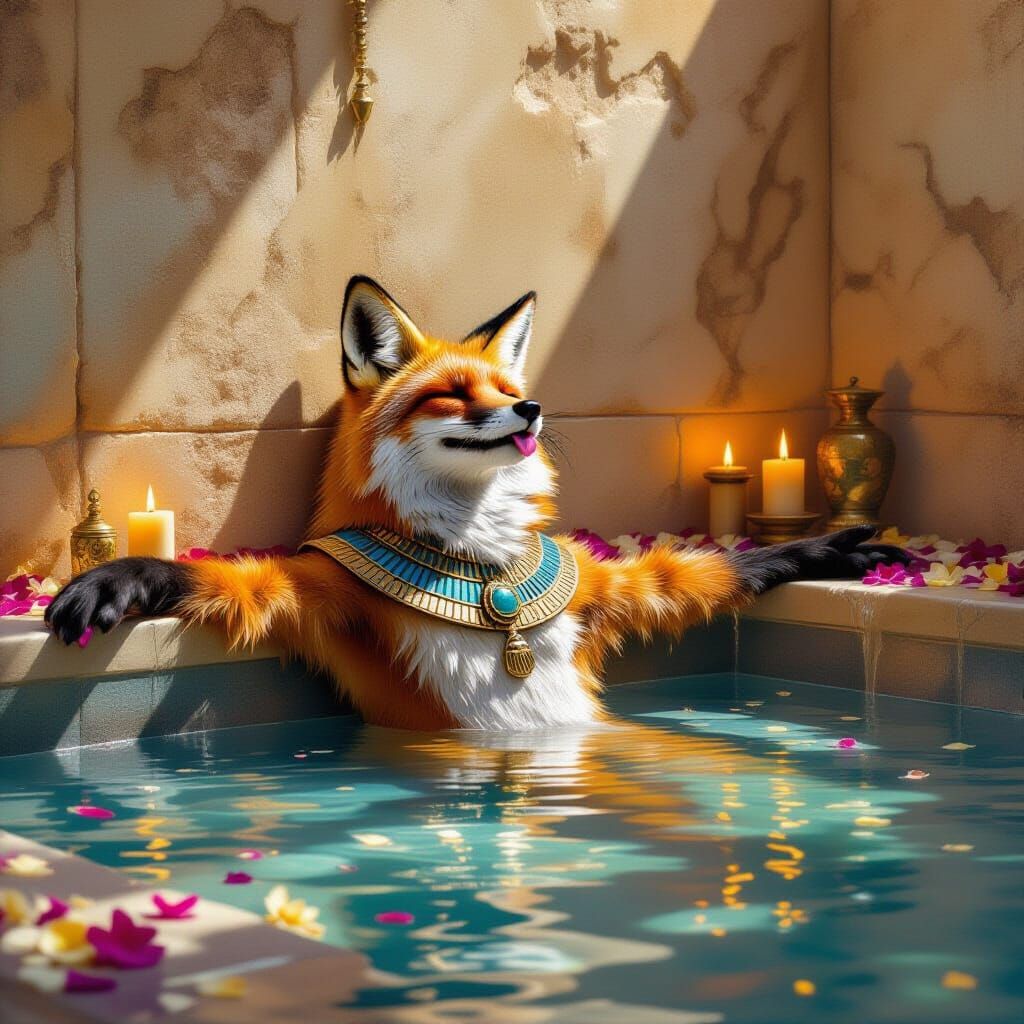Fox Pharaoh Relaxing in Temple Spa as Impasto Painting