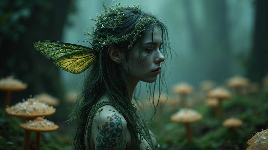 Dryad with Mycelium and Luna Moth Wings in Photorealistic St...