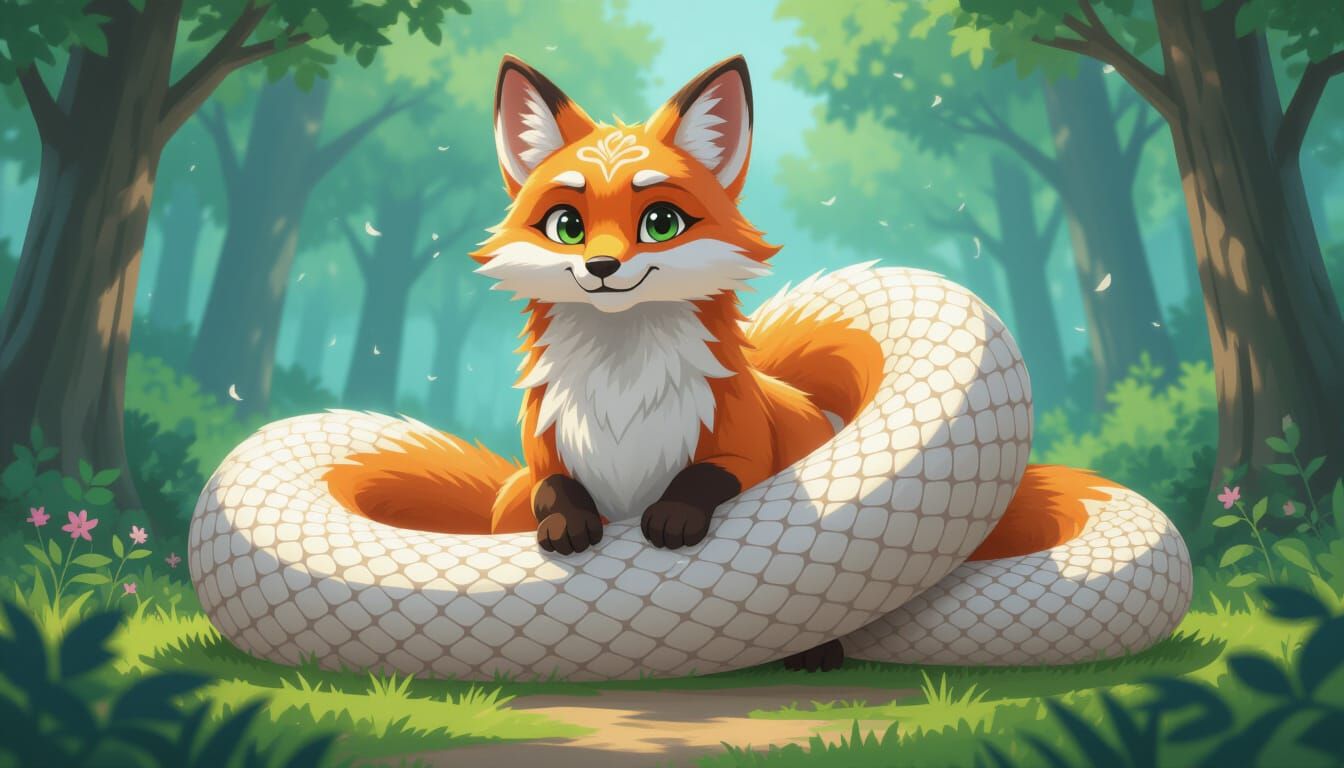Elegant White Snake Body With Fox Face in 3D Anime Style