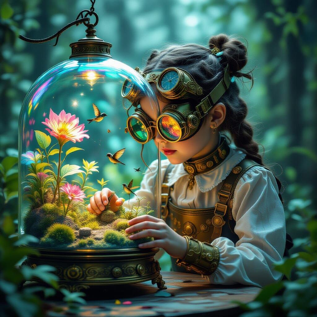 Steampunk Girl Tends Glowing Ecosystem in Glass Terrarium