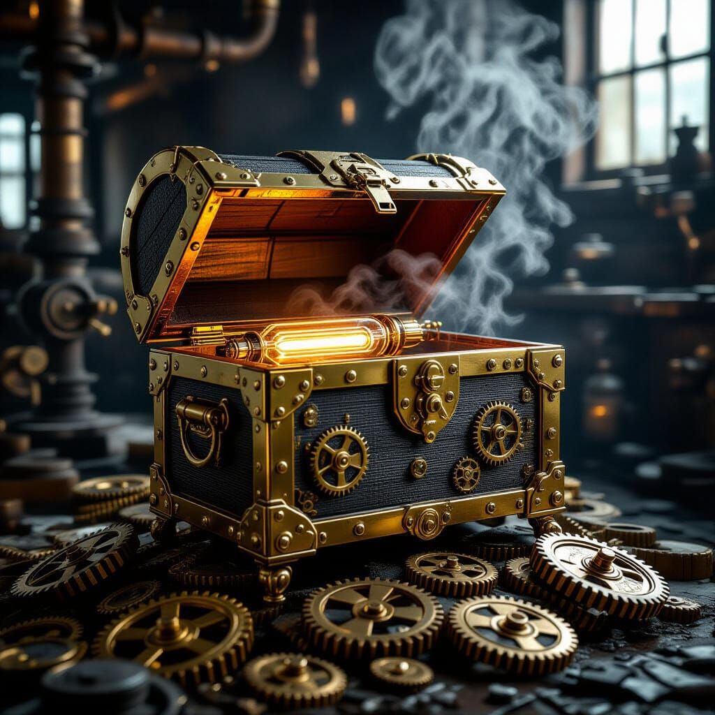 Steampunk Treasure Chest in Victorian Workshop