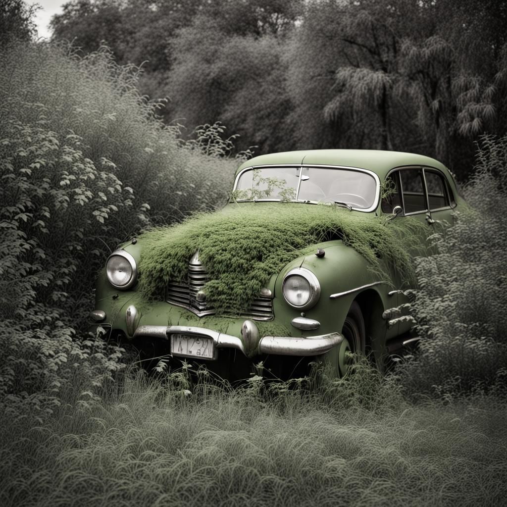 Monochrome Green: Old Car Reclaimed by Nature