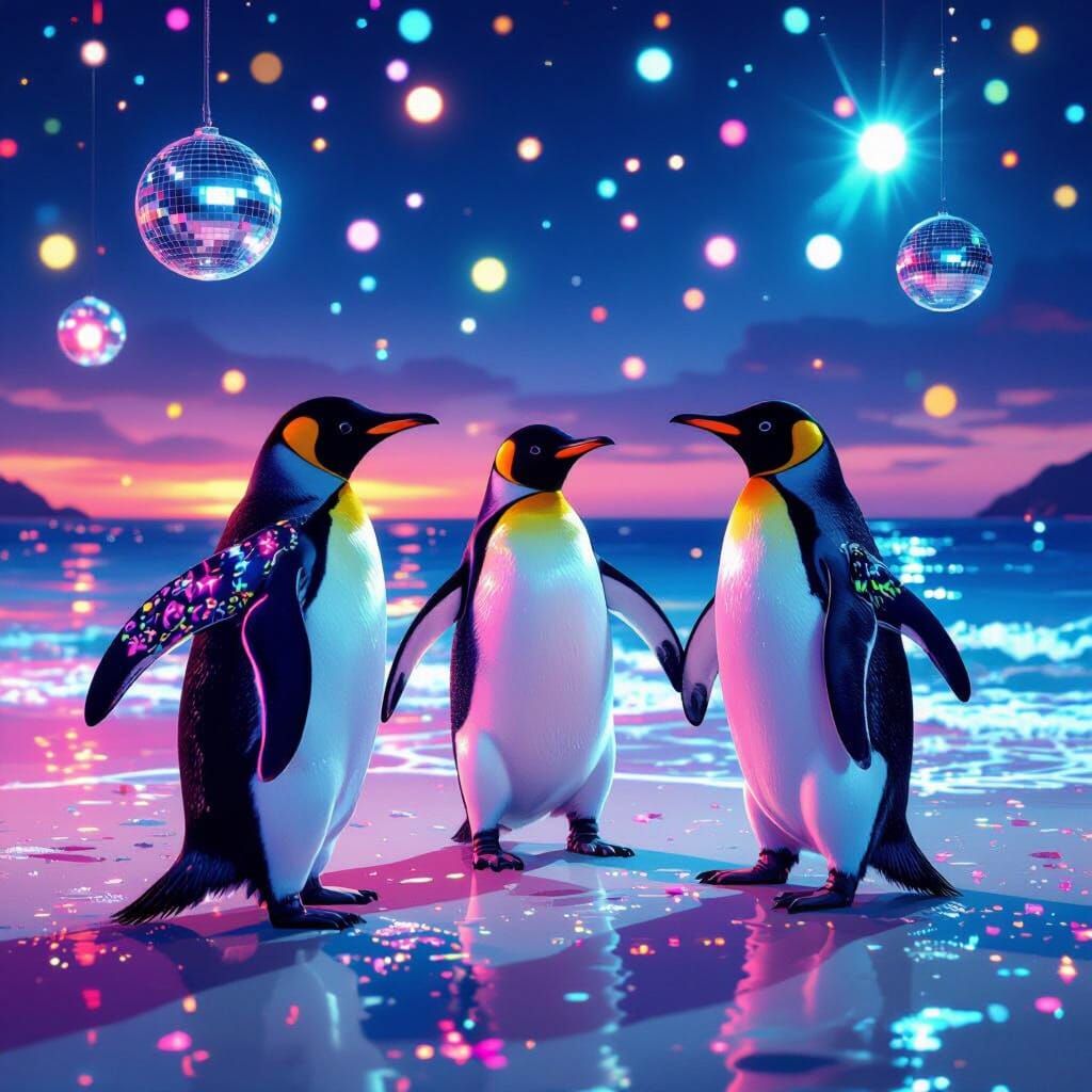Penguins Party on Ibiza Beach in Electronic Style