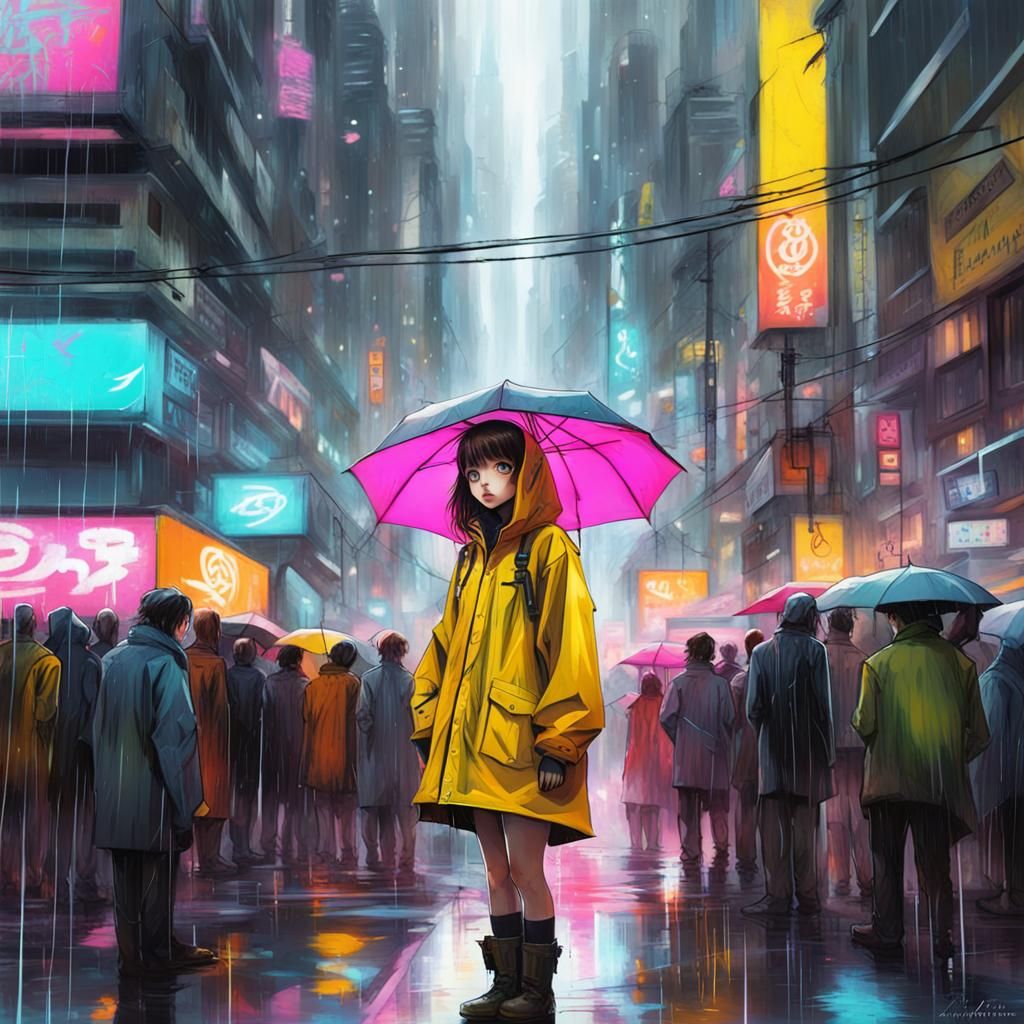 Cyberpunk Girl in Rainy Futuristic Cityscape