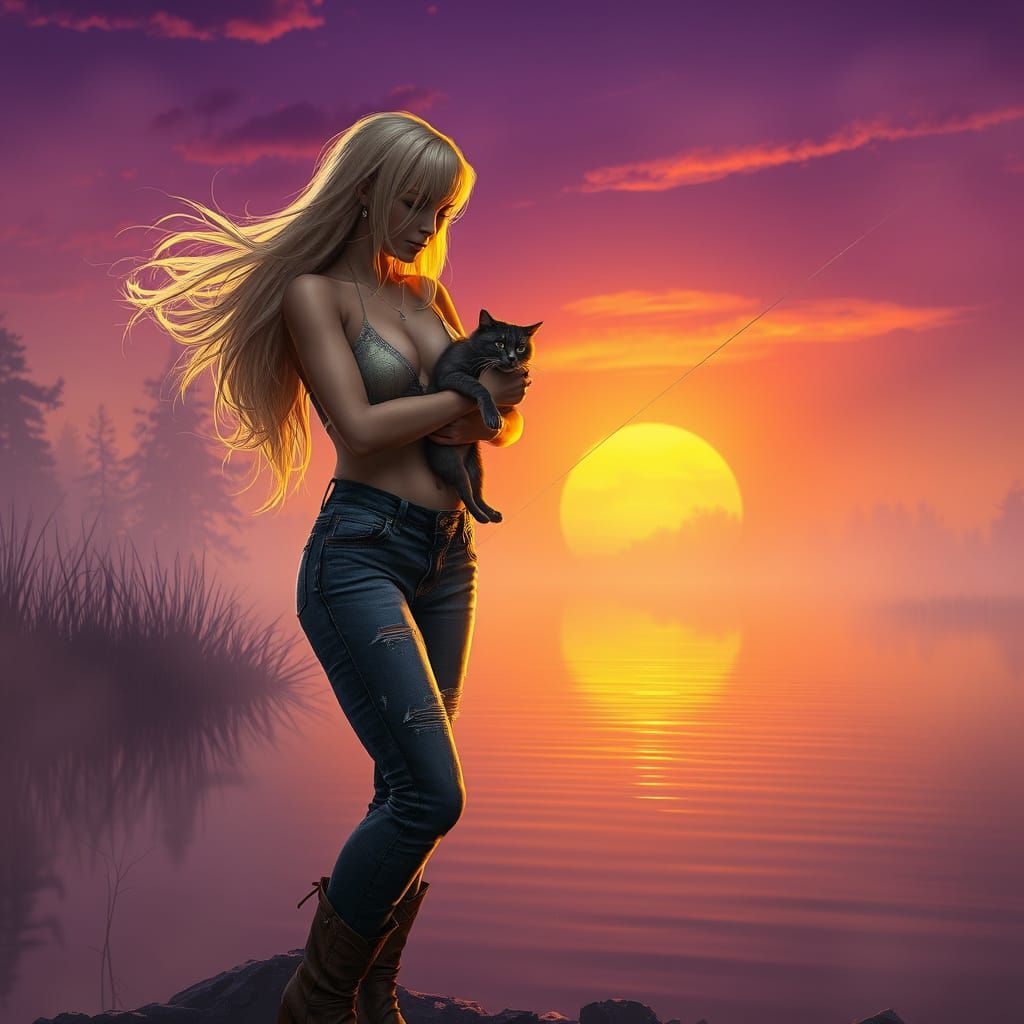 Fishing Goddess in Mystical Sunset Atmosphere