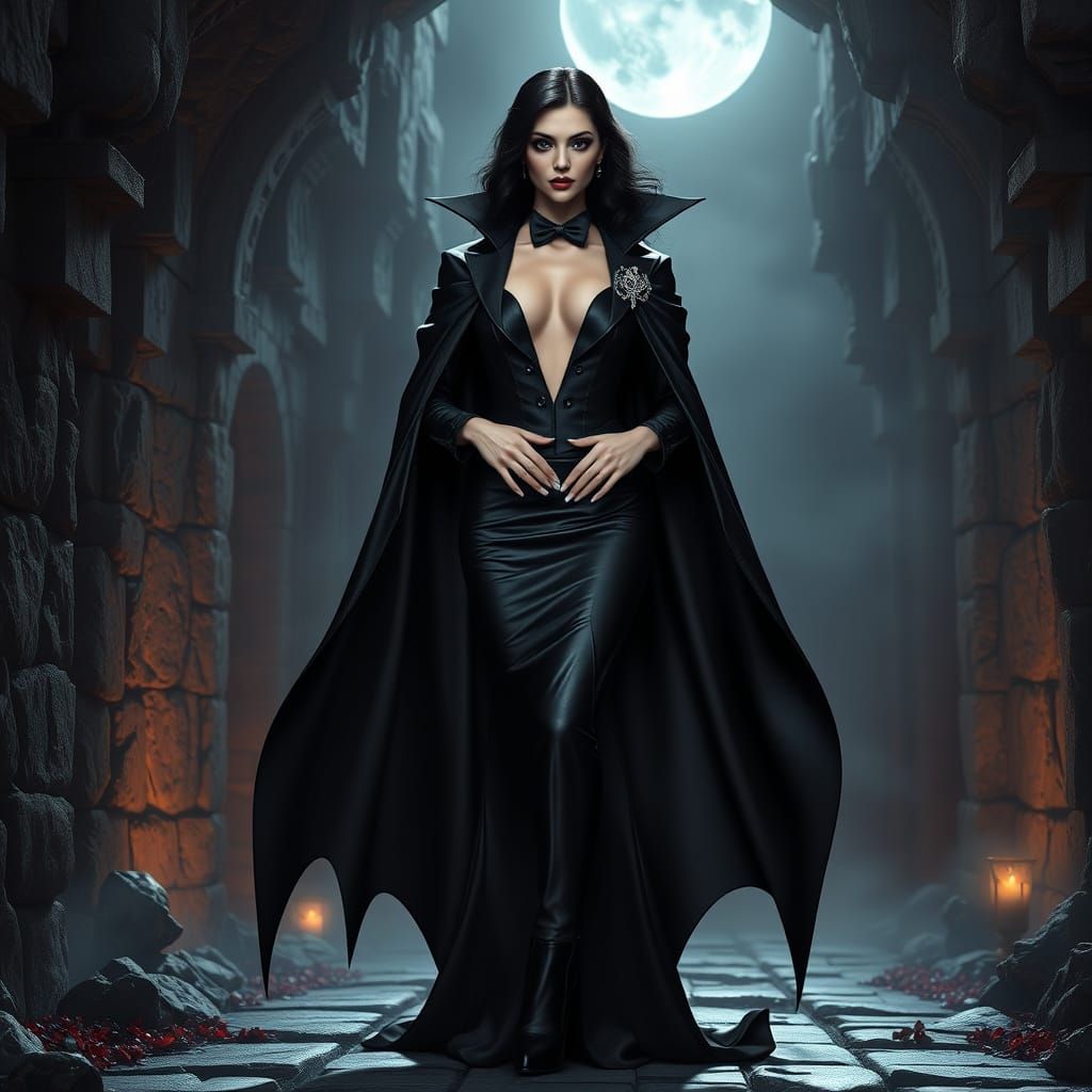 Gothic Countess Dracula in Black Tie, Vampire Fangs, and Sat...