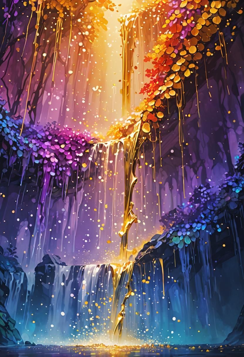 Vibrant Gold Waterfall in Cell-Shaded Style