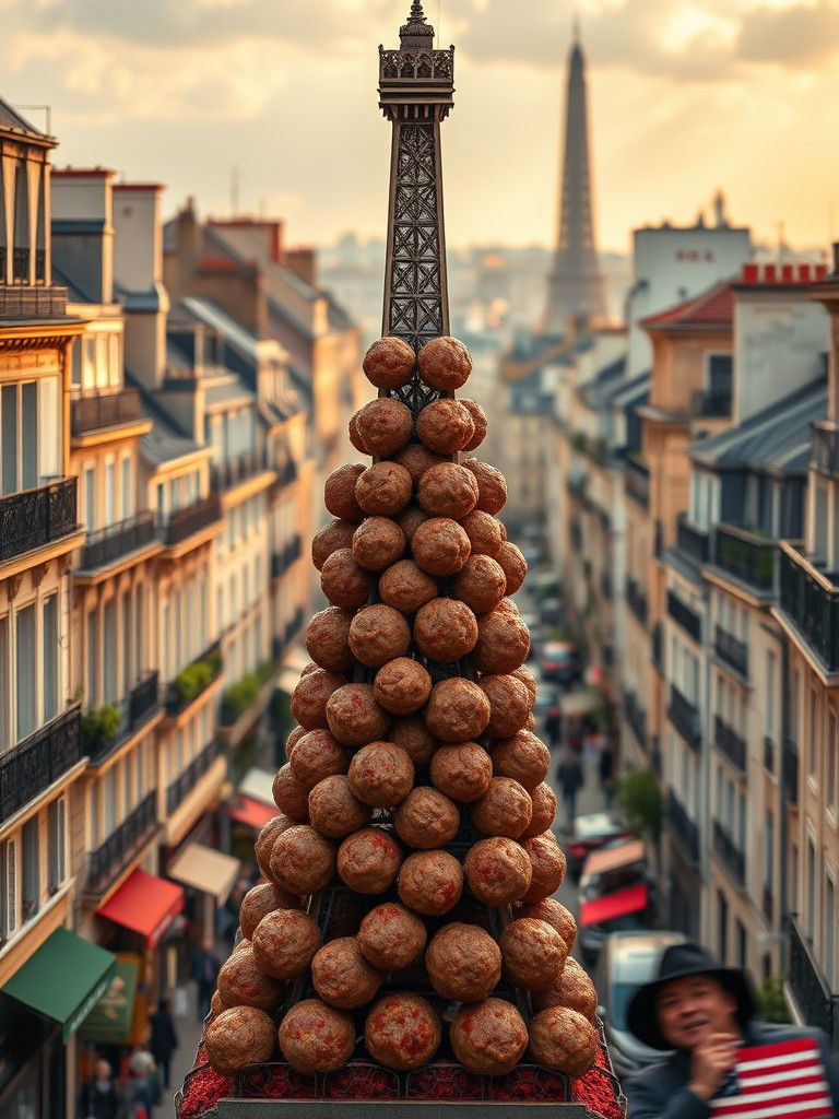 Meatball Eiffel Tower in Bustling Parisian Streetscape