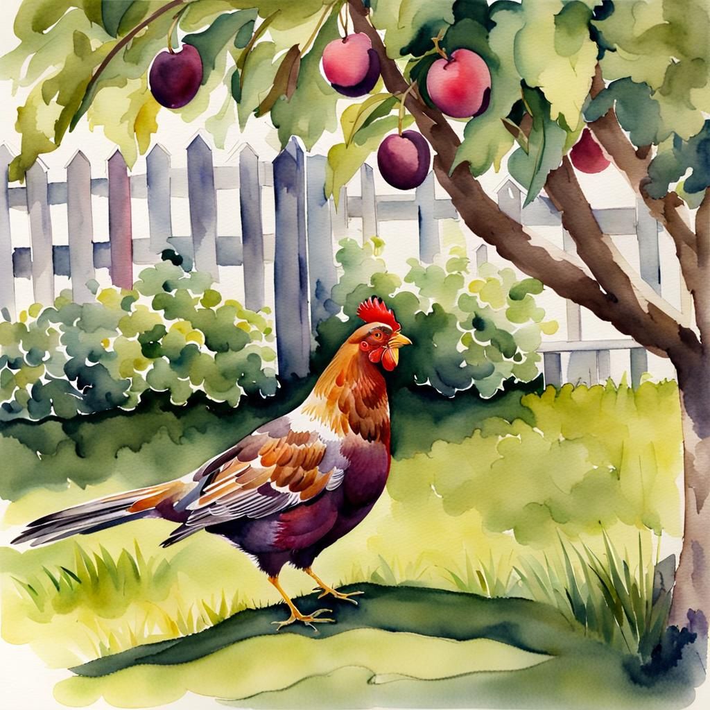 Hen Foraging Under Plum Tree: Watercolor